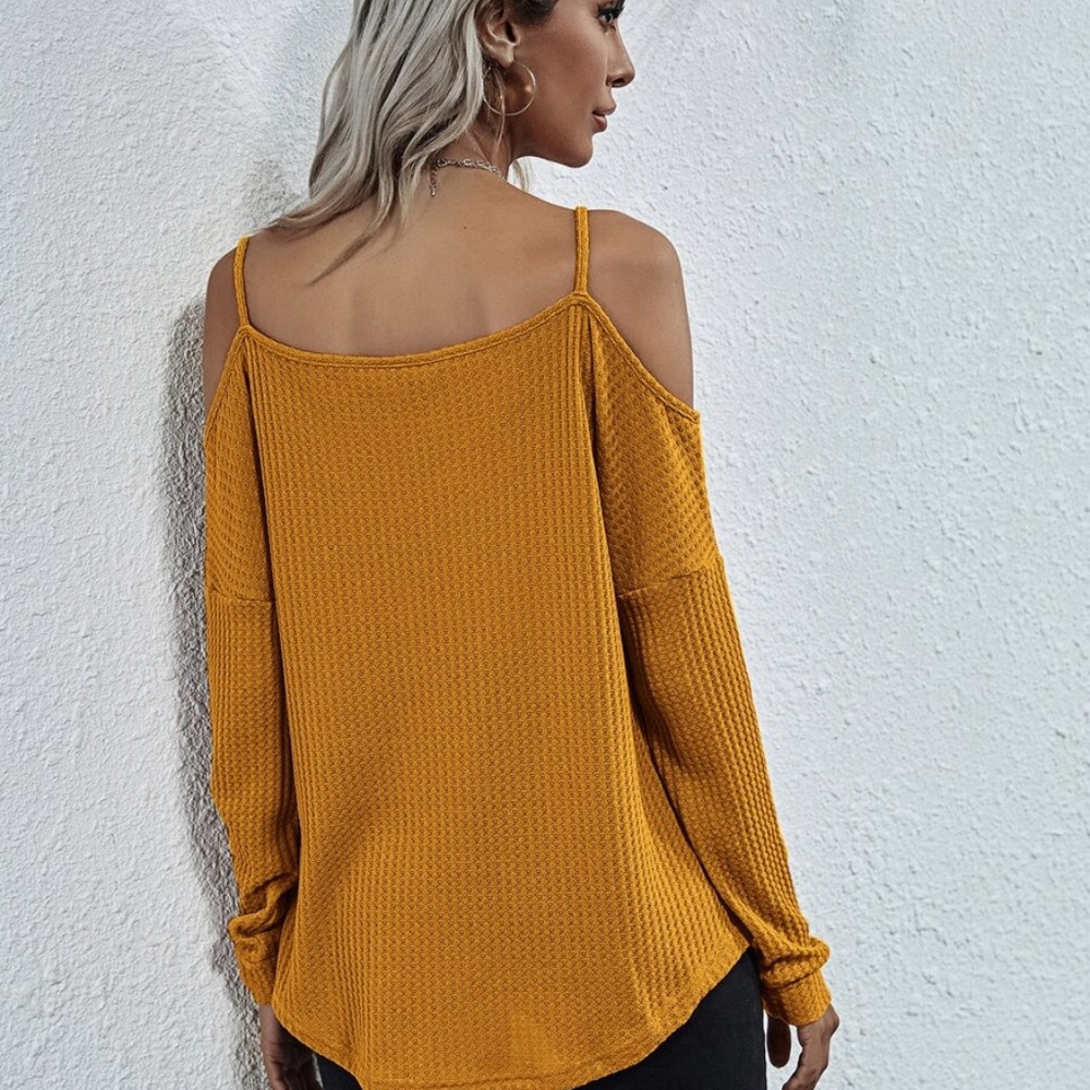 off shoulder waffle long sleeve knit top MUSTARD - Picture 16 of 16